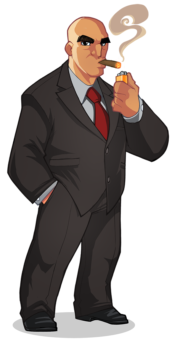Animated accountant character in a suit lighting a cigar.
