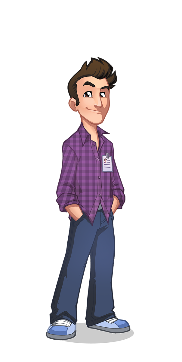 Animated app developer character in a plaid shirt with an ID badge, hands in pockets.