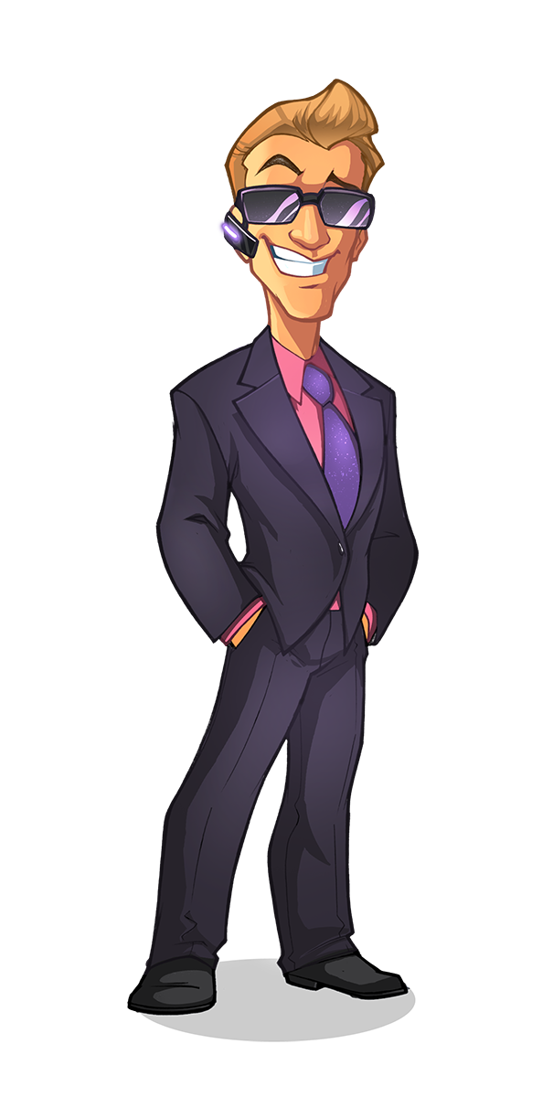 Animated businessman in a suit with sunglasses and a headset.