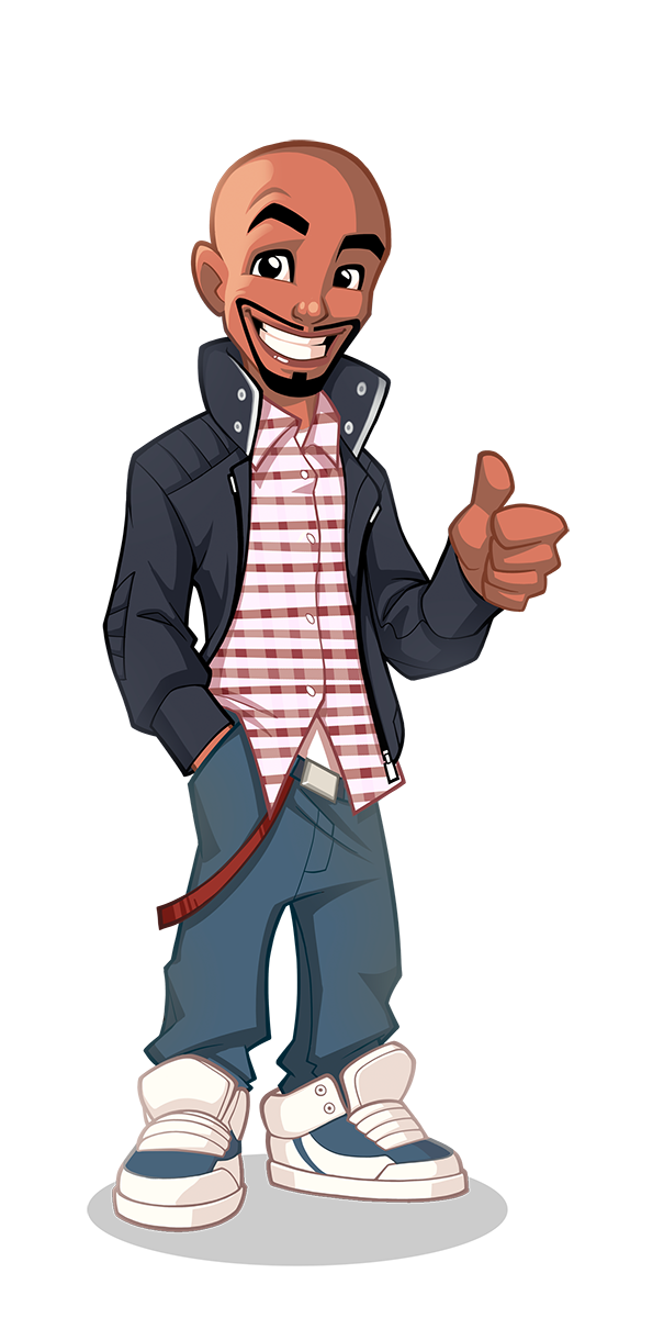 Animated creative professional character in casual attire giving a thumbs-up.
