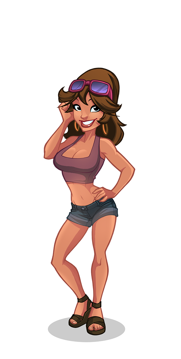 Animated female graphic designer in a crop top, shorts, and large sunglasses, posing confidently.