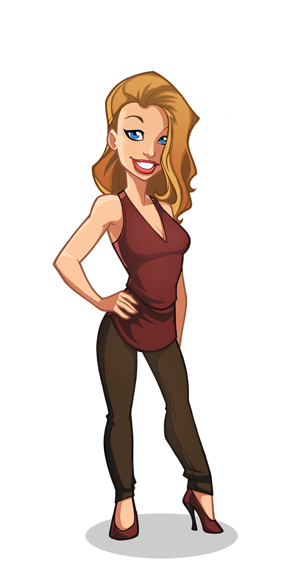 Cartoon human relations character in a casual, stylish outfit.