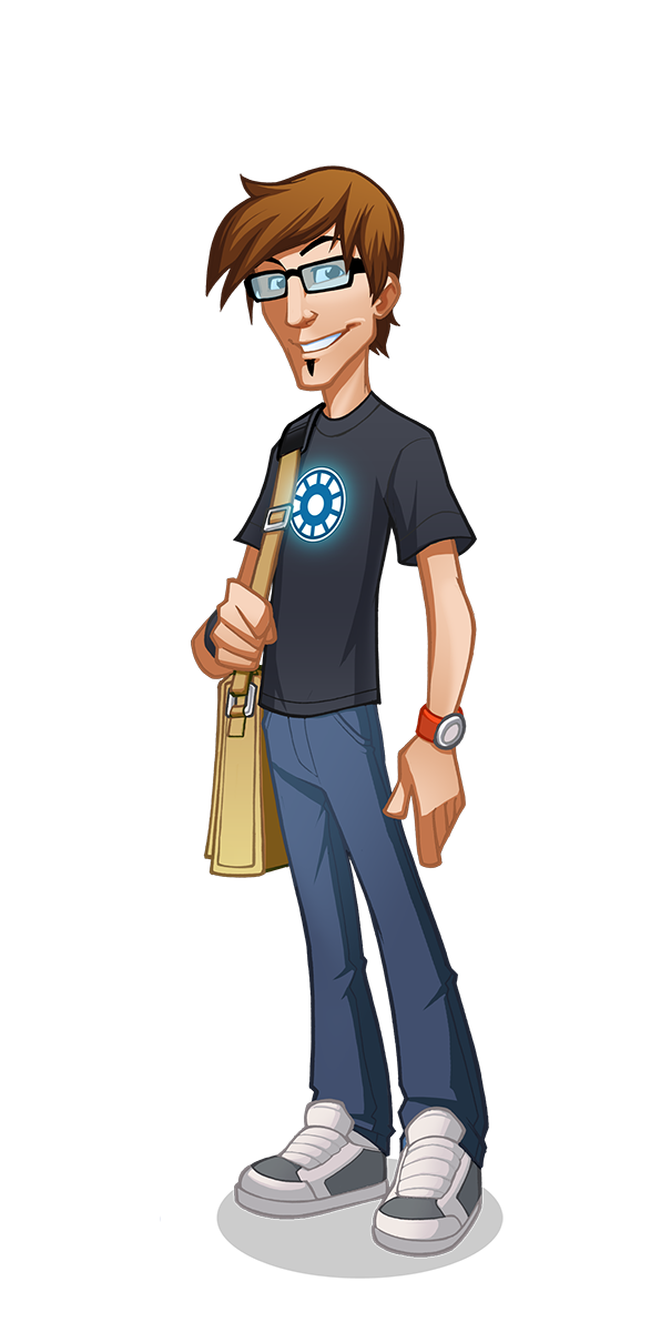 Cartoon illustrator character with glasses and a shoulder bag, dressed casually.