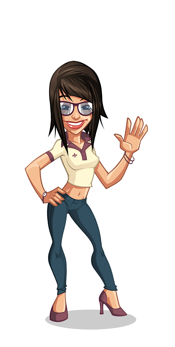 Animated public relations character waving in casual attire and glasses.