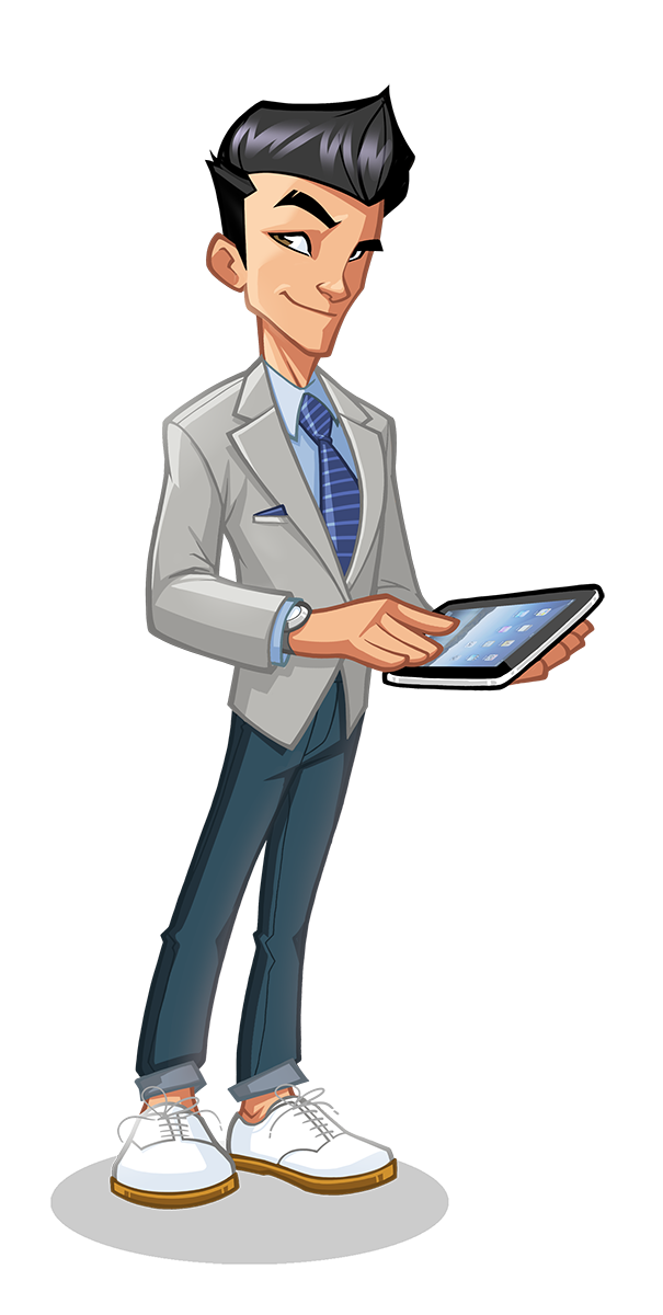 Animated sales manager character in a suit holding a tablet.