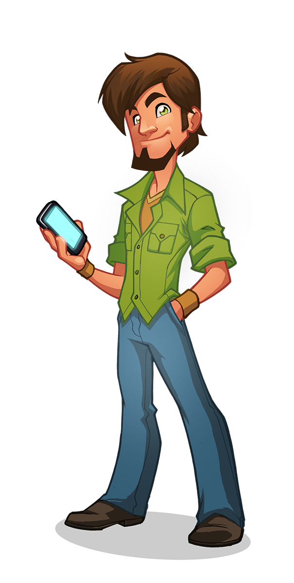 Animated web developer character in casual attire with a smartphone.