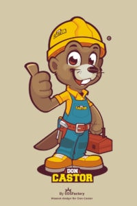 don castor mascot design A cartoon beaver mascot wearing a yellow hard hat and holding a toolbox.