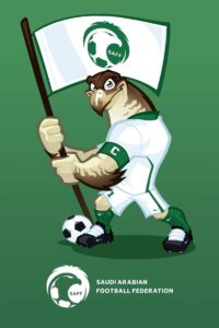 saaf-mascot-design Cartoon falcon mascot in soccer gear, holding a flag and a soccer ball.