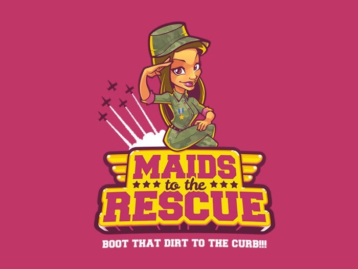 Maids to the Rescue logo with a cartoon character in uniform.