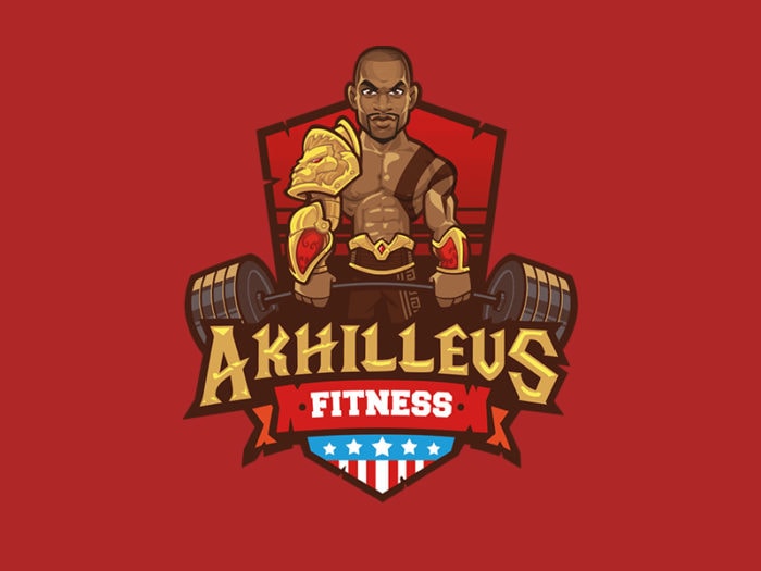 Akhilleus Fitness logo with a cartoon character lifting weights.