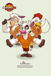 shawarmaize-mascot-logo Three cartoon animal mascots wearing matching shirts and posing happily.