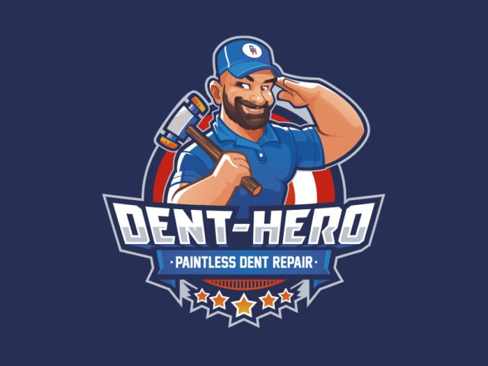 Friendly cartoon man mascot with a hammer for Dent-Hero.