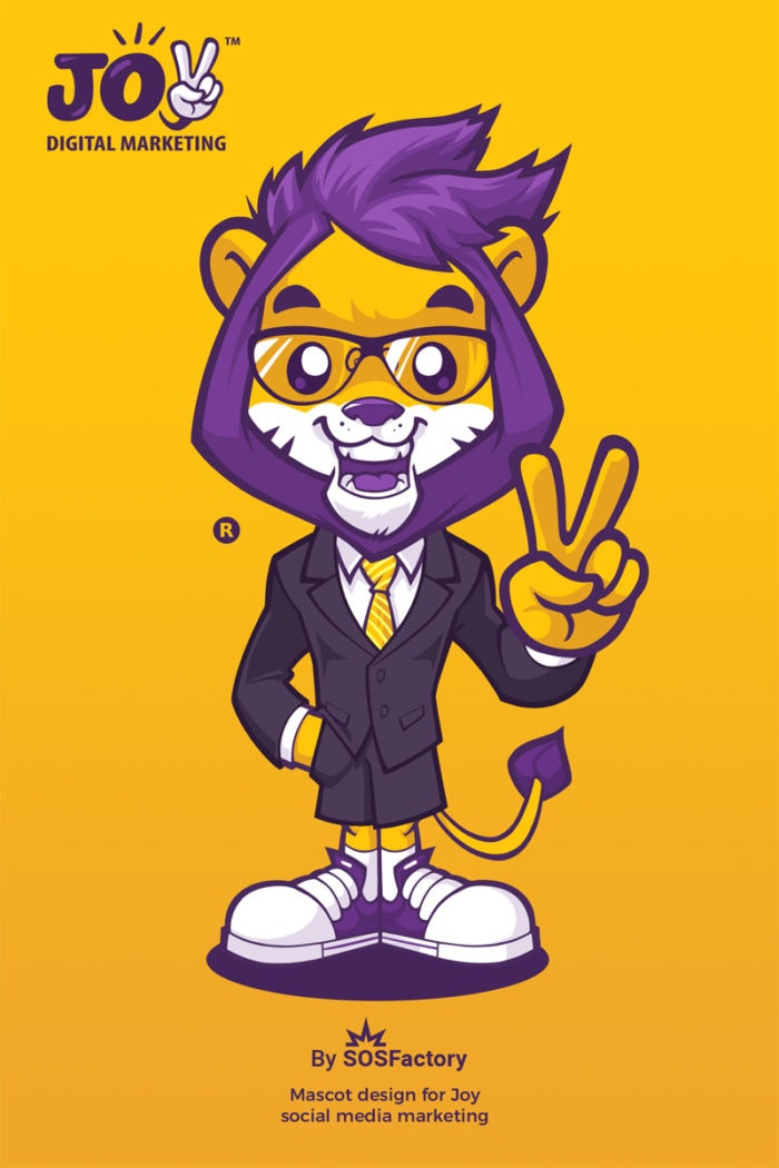 Lion mascot design in a business suit with glasses, designed for Joy Digital Marketing to represent professionalism