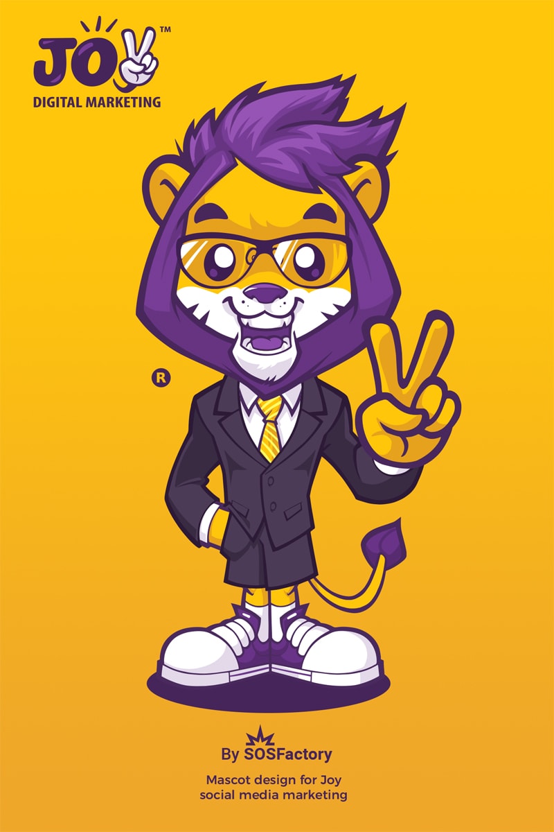Lion mascot design in a business suit with glasses, designed for Joy Digital Marketing to represent professionalism