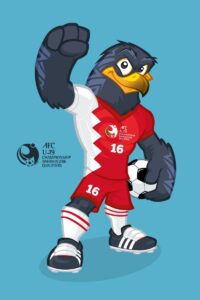 sport event mascot Cartoon falcon mascot in a red jersey with the number 16, celebrating with a raised fist and holding a soccer ball.
