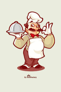 fast food mascot mr.bolat Cartoon chef holding a covered dish with one hand and giving an "OK" gesture with the other, wearing a white apron and chef's hat.