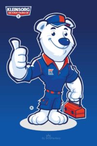Polar Bear Mascot design for Kleinsorg HVAC – Strong Branding Mascot for Climate and Repair Services Cartoon polar bear mascot in a work uniform, giving a thumbs up.