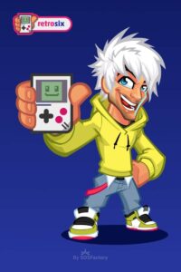 gaming mascot design Retrosix Cartoon character holding a handheld gaming console, wearing a yellow hoodie and stylish jeans, with spiky white hair and a playful grin.