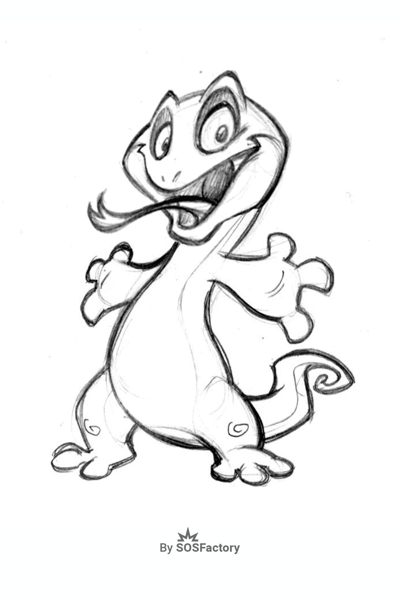 Boceto de un lagarto caricaturesco con expresión alegre