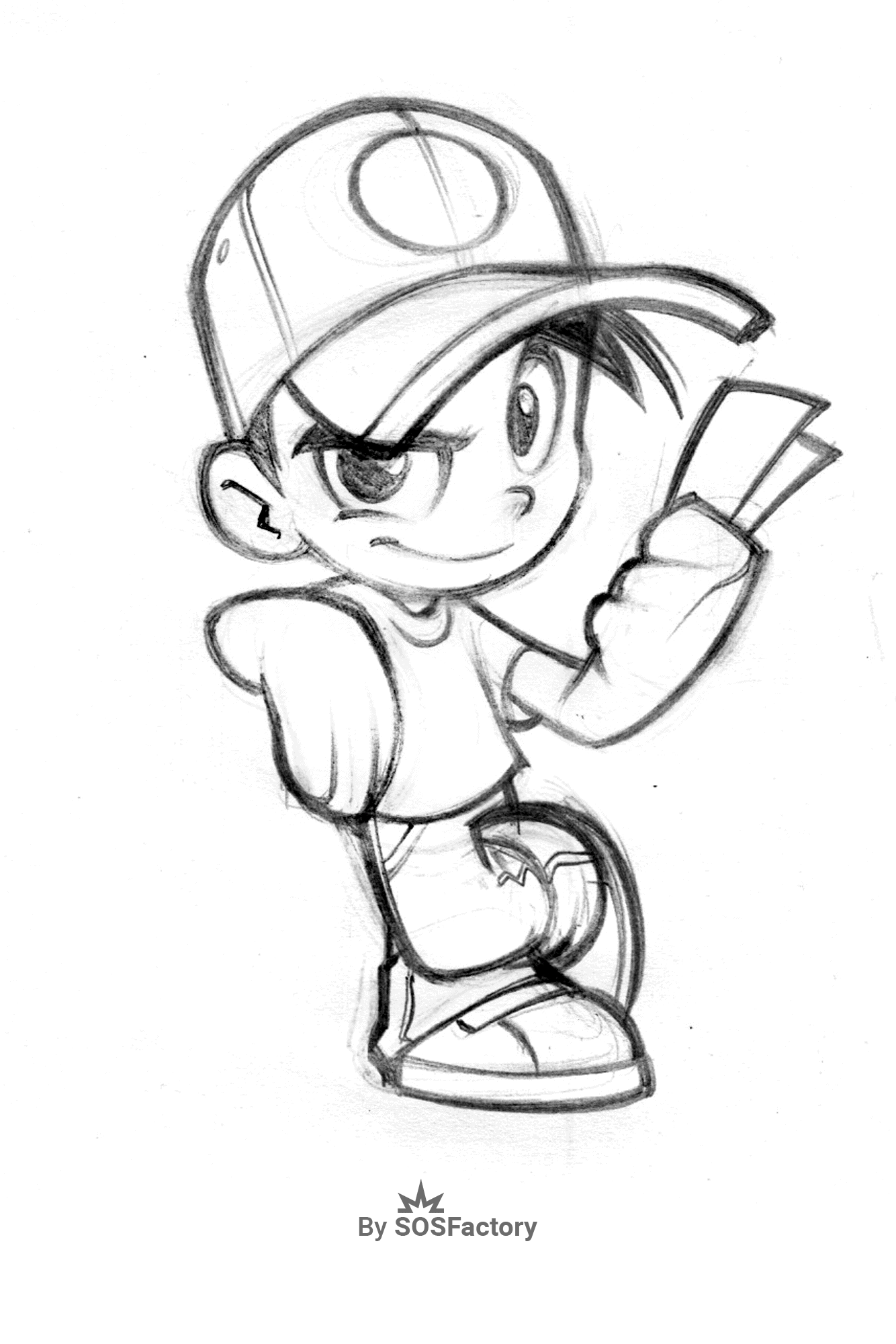 Boceto de un niño caricaturesco con gorra y expresión decidida