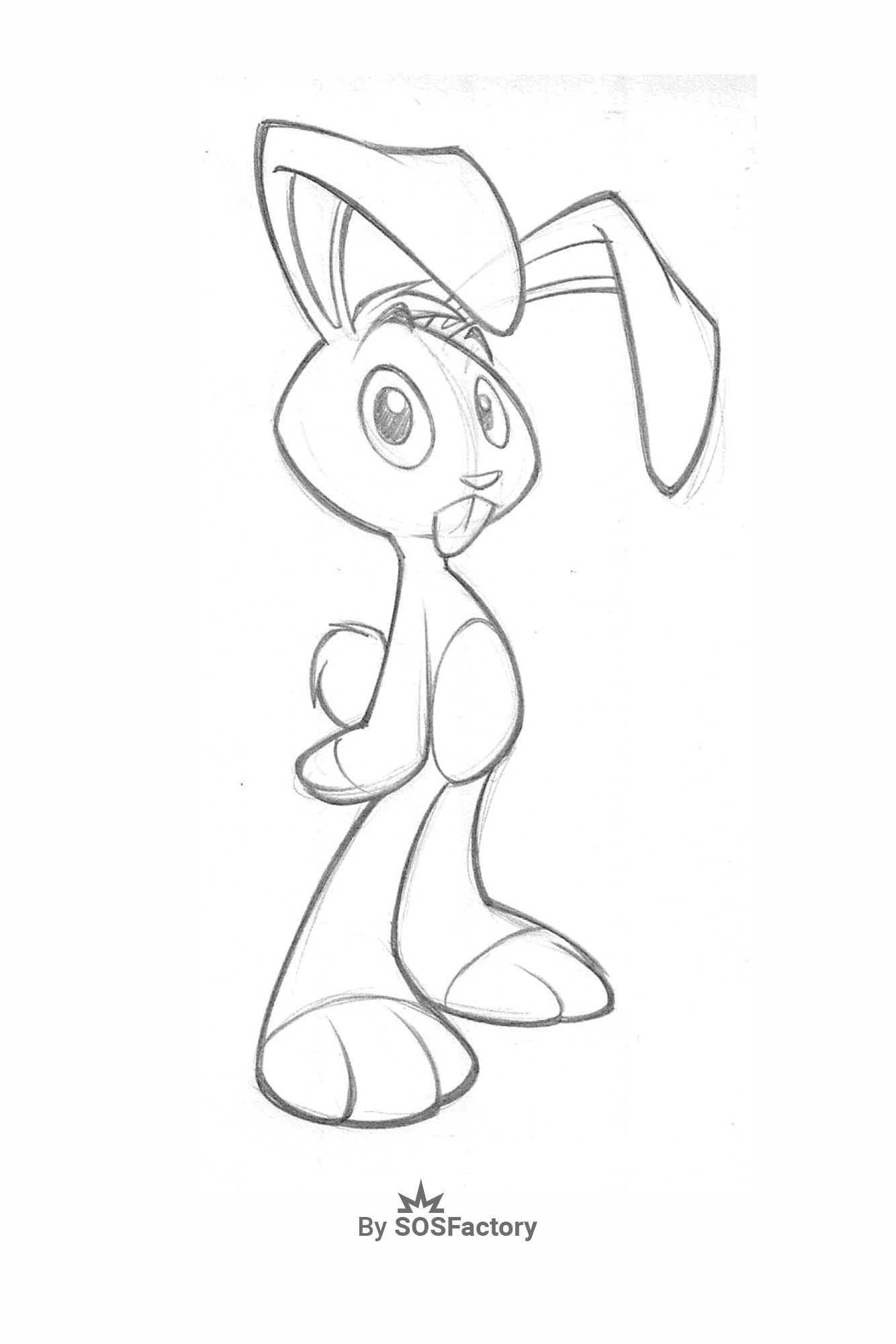 Boceto de un conejo caricaturesco con una expresión curiosa