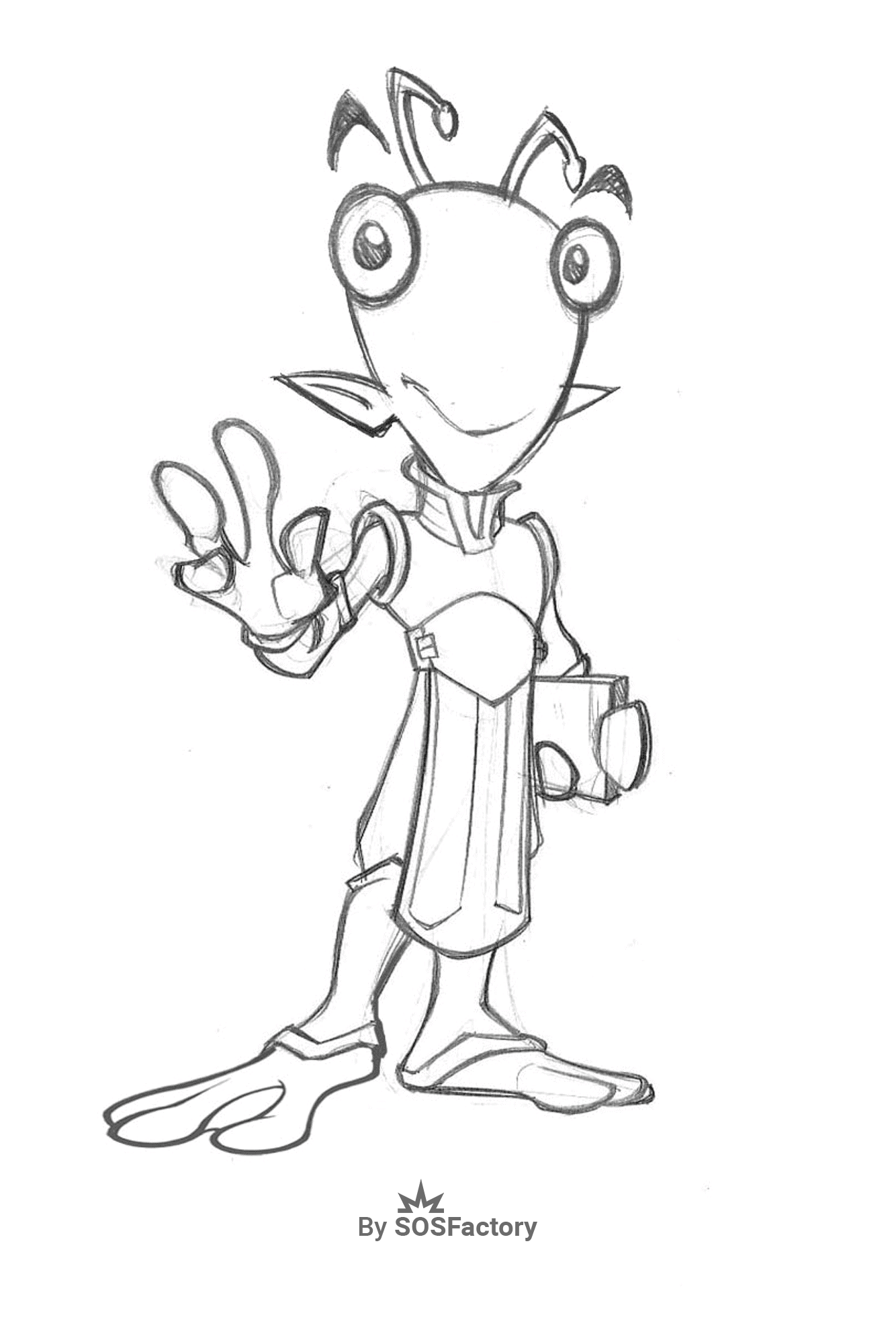 Boceto de un extraterrestre amigable haciendo el símbolo de paz