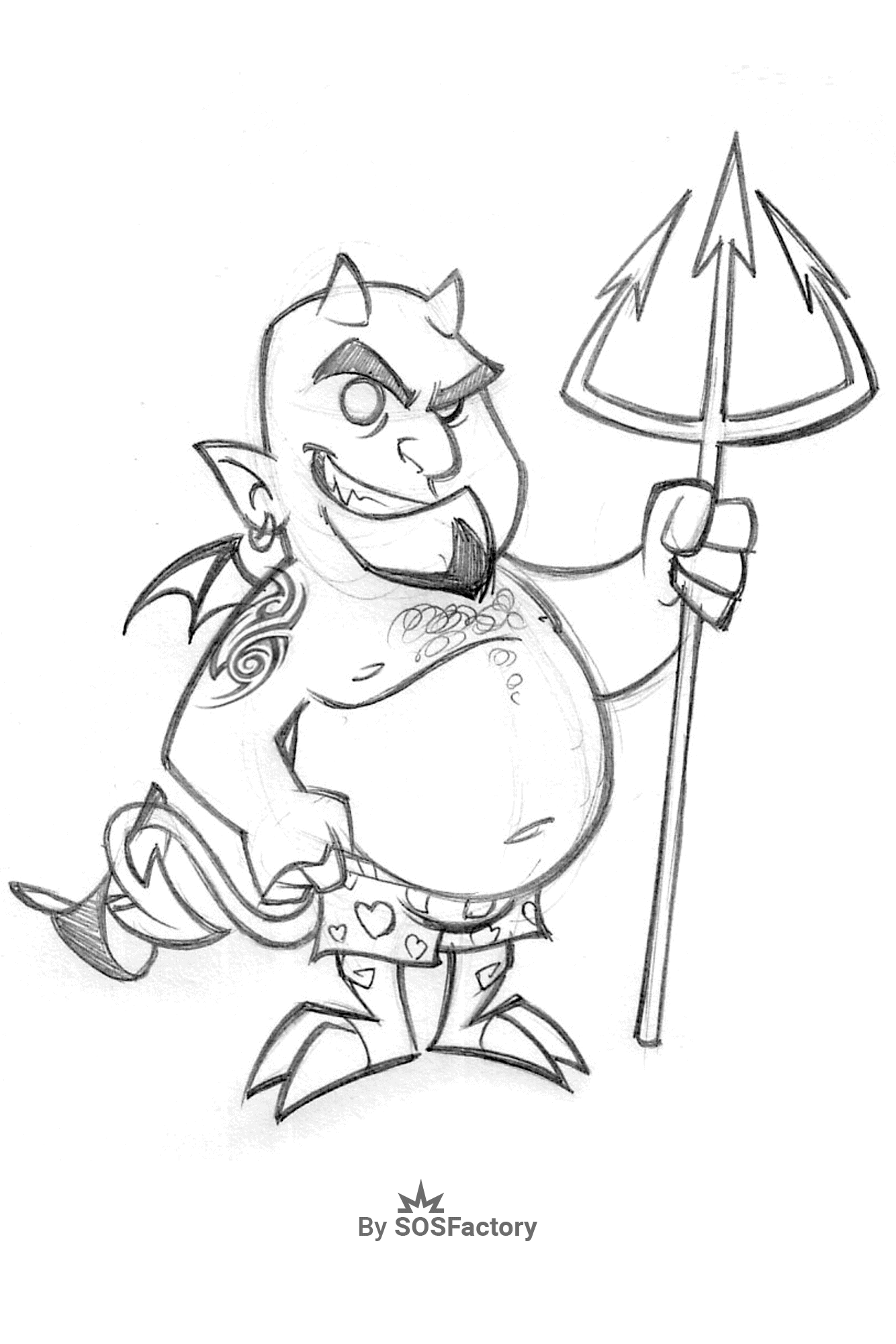 Boceto de un diablo caricaturesco con una sonrisa traviesa