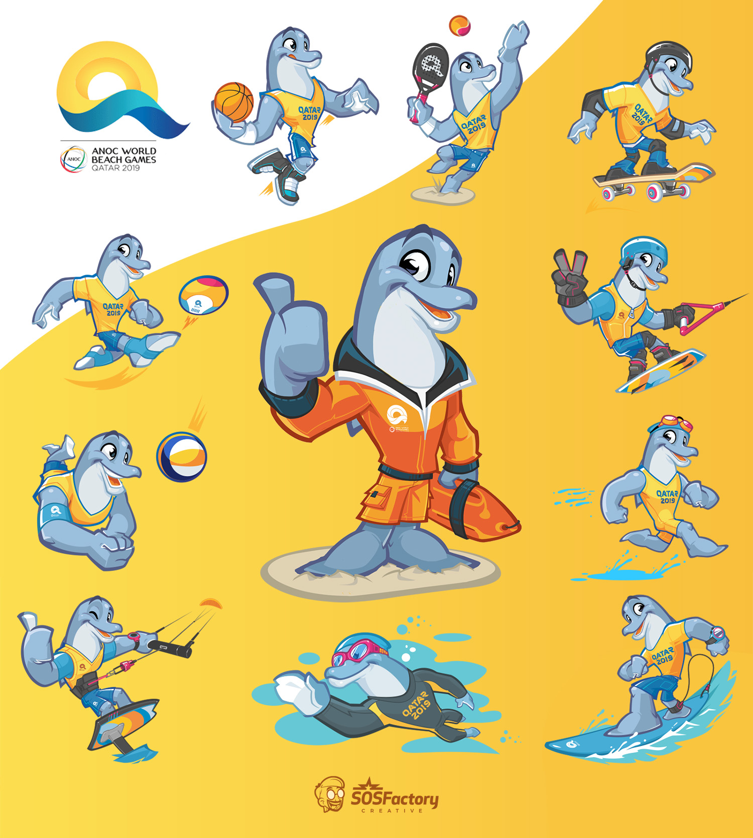 Divertida mascota de delfín mostrando diversas poses de deportes de playa, incluyendo baloncesto, voleibol, natación y kitesurf.