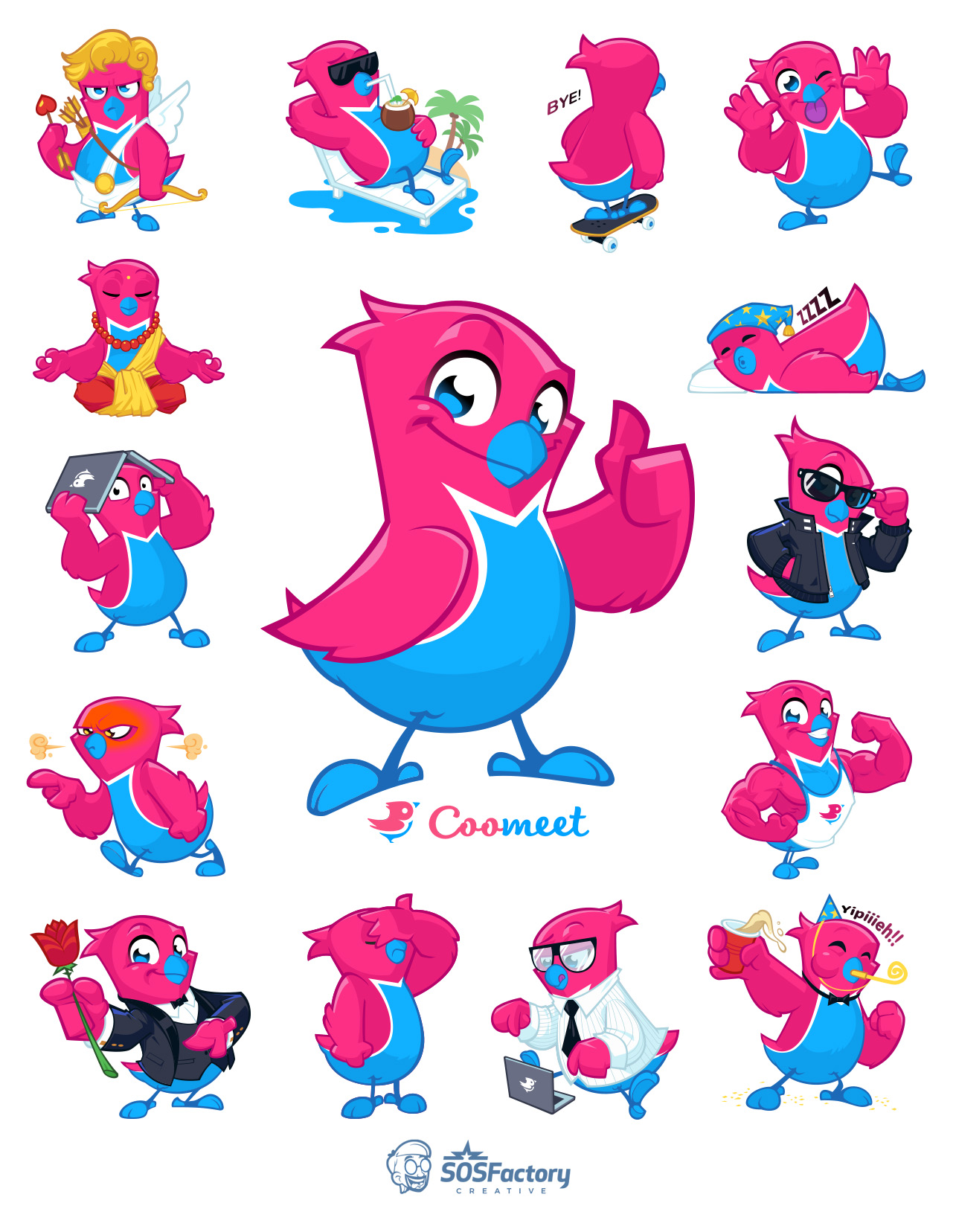Mascota pájaro de color rosa con diversas poses divertidas, incluyendo temas como cupido, vacaciones, monopatín, sueño y trabajo.