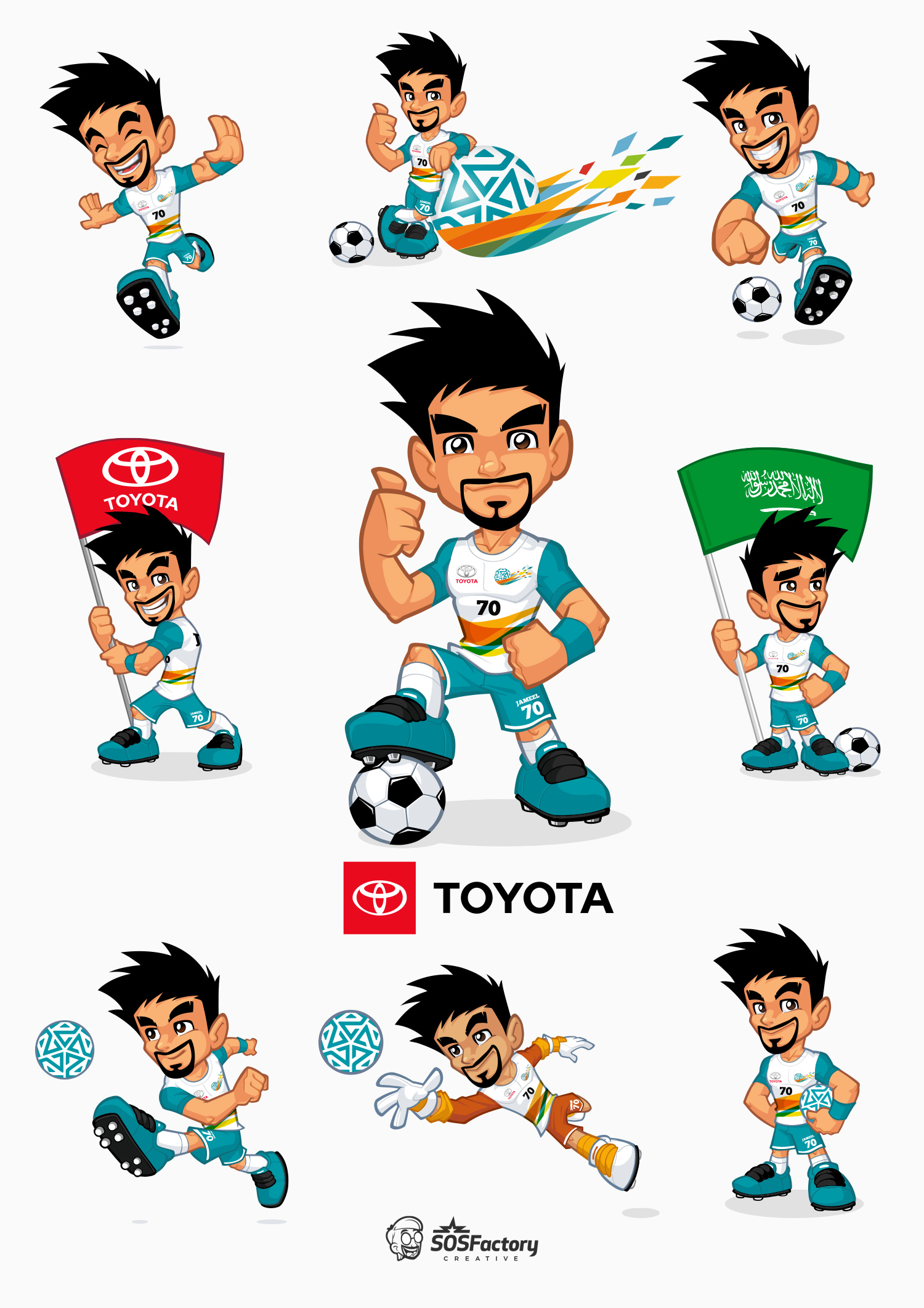 Mascota de fútbol dinámica en diversas poses de acción, incluyendo patear, animar y sostener banderas, diseñada para Toyota en Arabia Saudita.